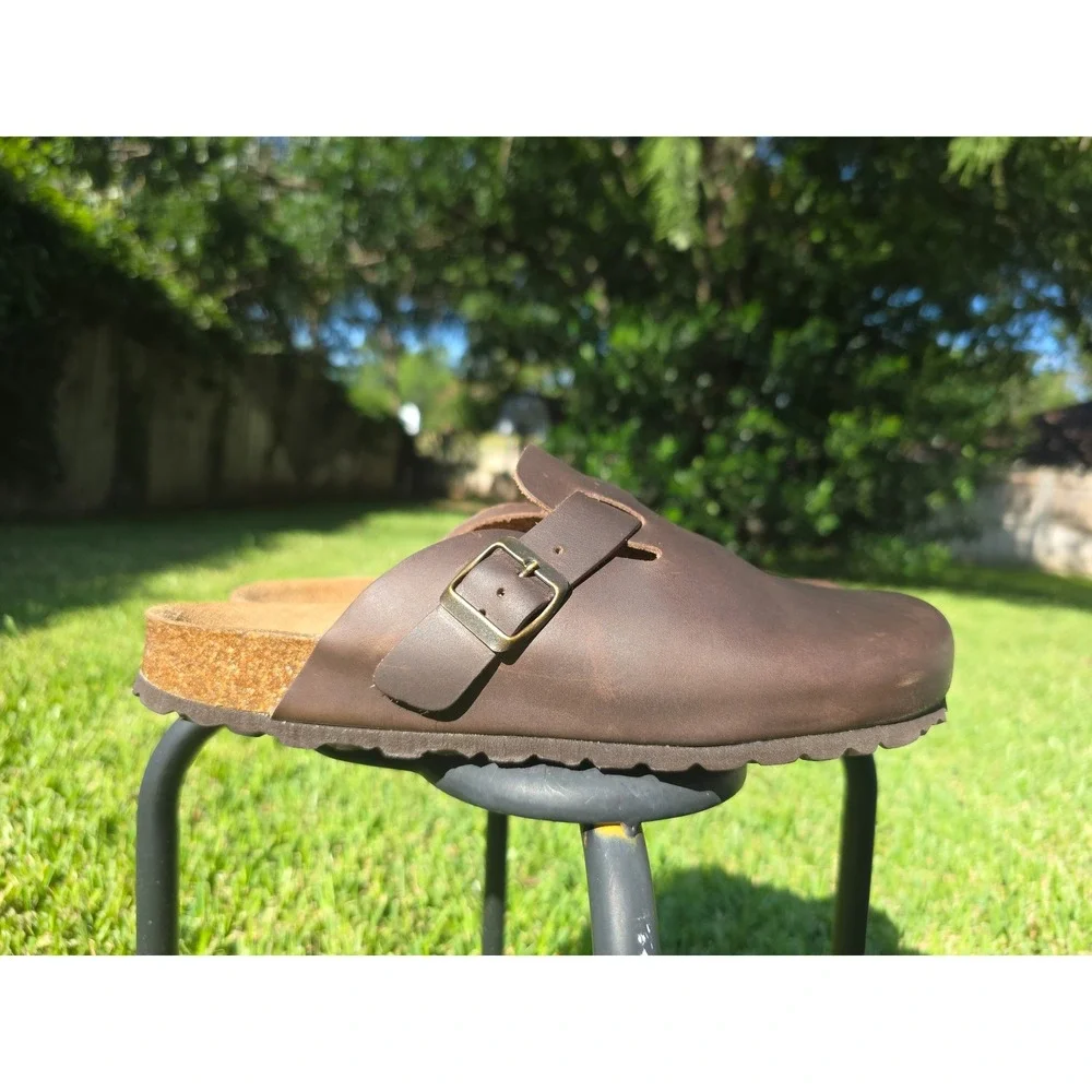 Autenti by Penta Brown Leather Clogs Mules Buckle Cork Footbed Made in Spain 43